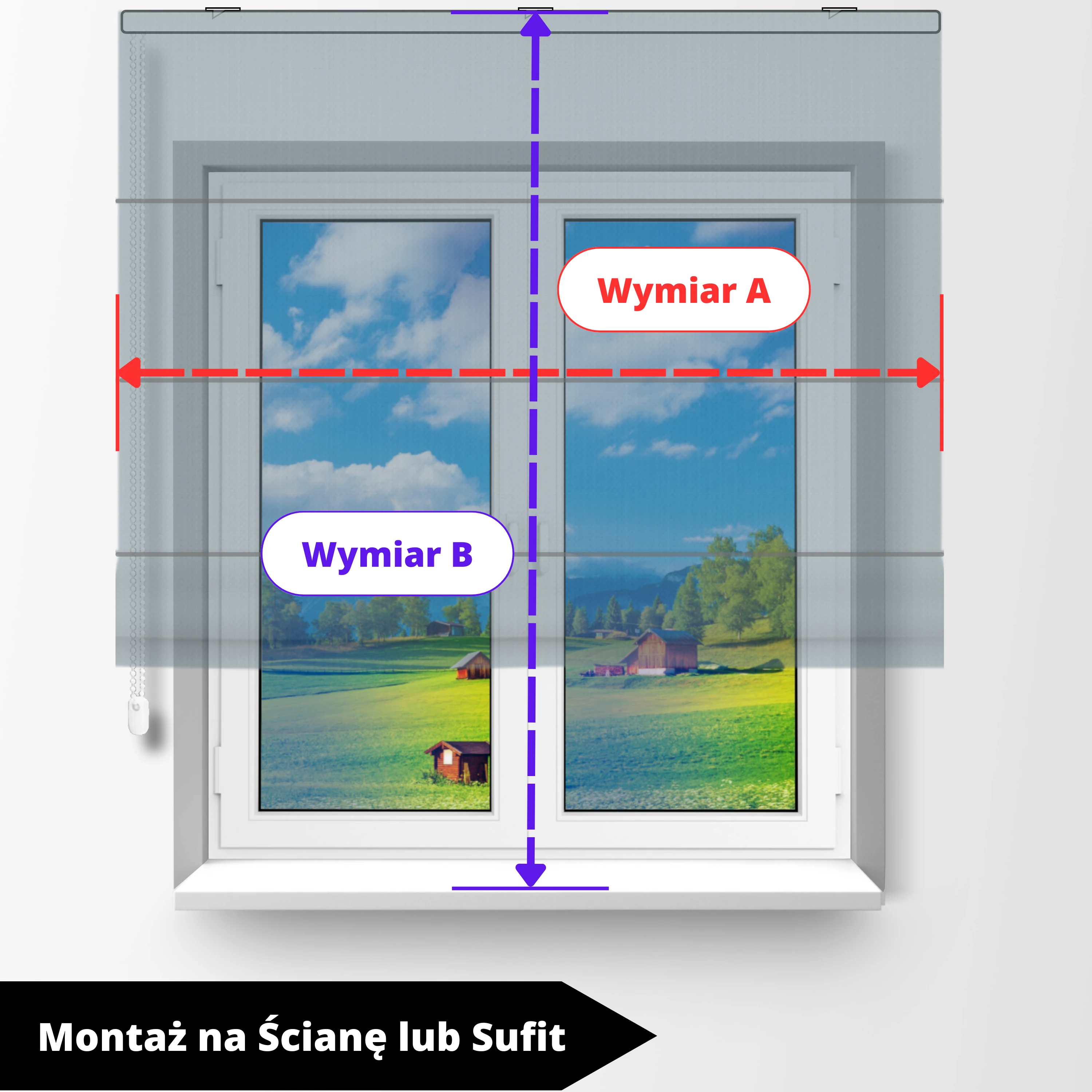 Pomiar przed zakupem – roleta rzymska do ściany lub sufitu: szerokość (A) i wysokość (B)